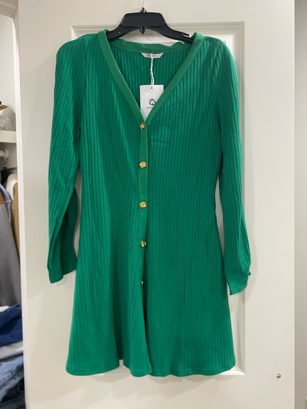 WEN Emerald Green Ribbed Button Cardigan with Gold Buttons